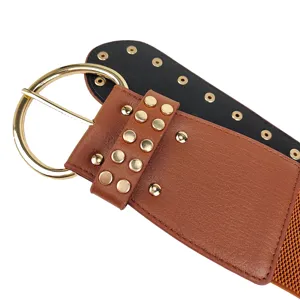 Ceinture élastique large vintage pour femme avec boucle dorée ronde et clous décoratifs
