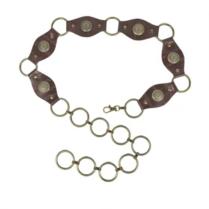 Vintage Y2K western brown leather ring belt with decorative metal rivets