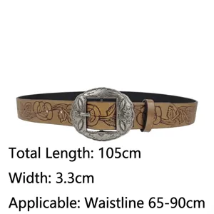 Detailed view of brown retro Y2K ethnic belt with floral pattern and silver buckle