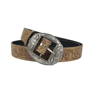 Vintage American Western brown belt featuring floral embossing and ornate silver buckle