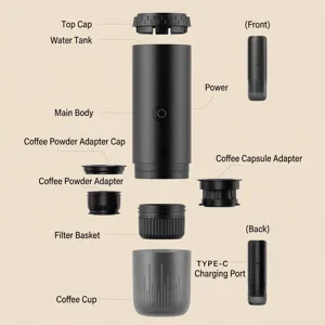 Portable 2-in-1 electric espresso maker exploded view showing all components and Type-C port