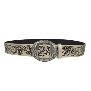 Vintage Western Floral Print PU Leather Belt For Women Men Retro Champagne Gold Waistband With Large Oval Metal Buckle