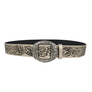 Western style vintage floral embossed belt with metallic silver pin buckle for women