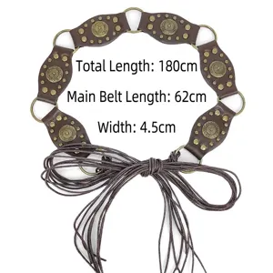 Vintage Y2K leather belt with rivets and metal rings, total length 180cm, width 4.5cm