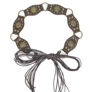 Bohemian American vintage brown leather belt with metal rings and rivets for Y2K style