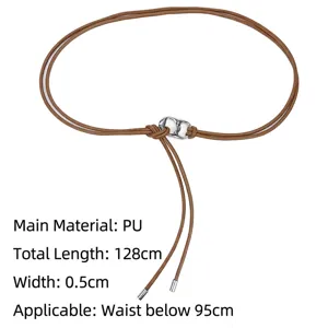 Detailed view of thin brown PU leather cord belt with silver buckle and size specifications