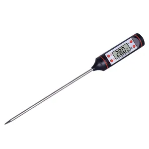 Digital food thermometer with stainless steel probe and LCD display for kitchen cooking.