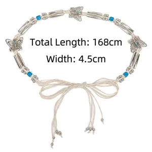 Bohemian woven cotton rope waist belt with butterfly charms and elegant long tassel knots