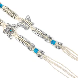 Bohemian woven cotton rope waist belt with butterfly charms and turquoise beads