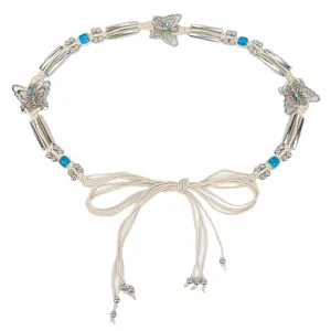 Bohemian woven cotton rope belt with silver butterfly charms and turquoise blue beads