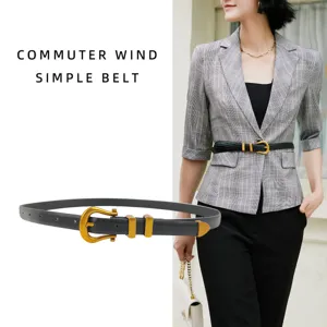 Women Vintage Faux Leather Belt With Gold Horseshoe Buckle Retro Minimalist Thin Waist Belt For Jeans Dresses Waistband