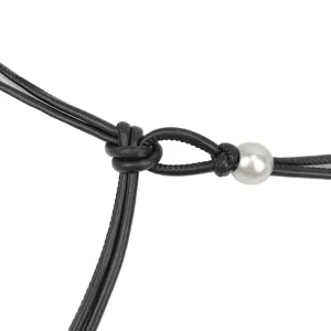 Casual women's black cord waist belt with elegant pearl bead detail for dresses