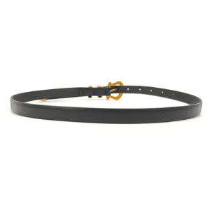 Elegant black leather belt for women featuring a vintage gold horseshoe buckle design
