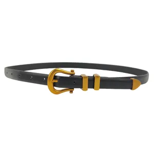 Vintage black leather belt for women with gold-tone horseshoe metal buckle decor