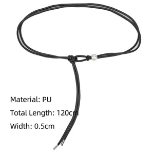 Adjustable thin black PU leather rope belt for women featuring a pearl and knot design