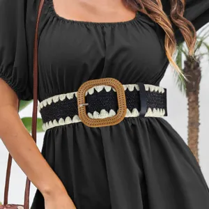 Women Bohemian Woven Straw Belt Square Buckle PP Straw Contrast Color Decorative Waist Belt For Dresses Long Shirts Accessories