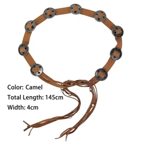 Retro Bohemian ethnic belt in camel suede featuring decorative silver metal medallions