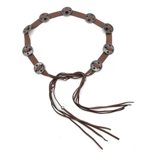 Vintage Bohemian ethnic waist chain belt featuring silver metal conchos and tassels
