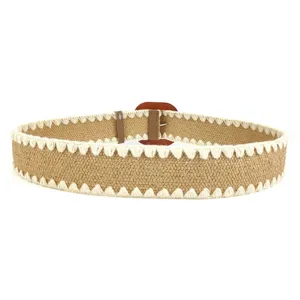Bohemian woven PP straw belt for women with white scalloped trim and brown square buckle
