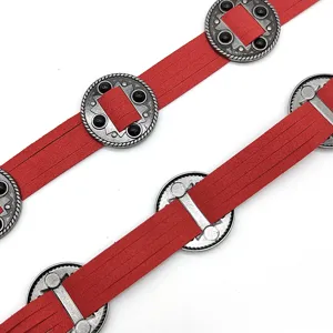 Vintage Bohemian red suede waist belt with silver concho ornaments for women's jeans