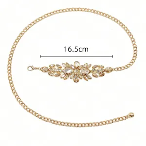 Elegant gold metal waist chain belt with champagne rhinestone flower centerpiece, 16.5cm