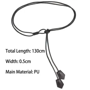 Detail shot of black thin PU leather cord belt for women length 130cm width 0.5cm