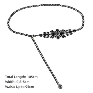 Elegant black chain belt with sparkling rhinestone flower embellishments for women.