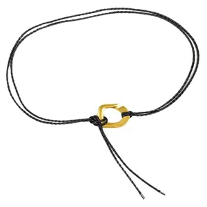 Elegant thin black braided leather waist belt with matte gold irregular buckle accessory