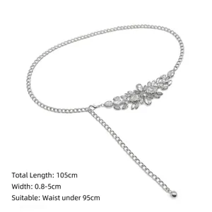 Elegant silver metal waist chain belt with rhinestone flower detail for dresses