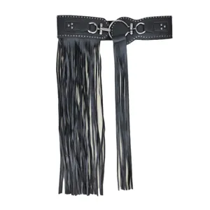 Punk style black wide waist seal with long leather fringes and silver metal studs