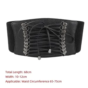 Detailed view of wide elastic corset belt with lace-up front and size specifications
