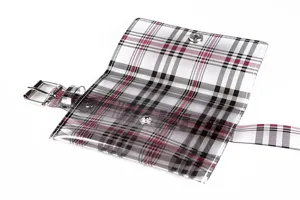 Detailed view of the checkered transparent PVC belt bag with metal buckle