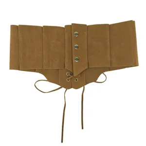 Vintage brown suede-like corset waist belt with snap buttons and lace-up detail