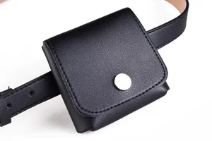 Close-up detail of a black faux leather mini waist belt pouch with a silver snap button