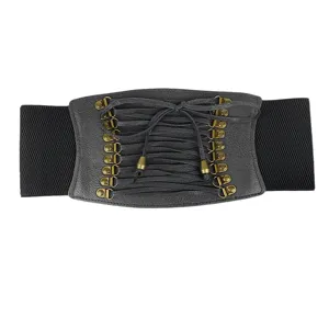 Fashionable wide black elastic corset waist belt with vintage lace-up front for dresses