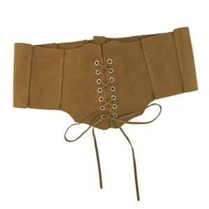 Vintage brown wide suede corset belt with front lace-up detail for gothic style dress decoration