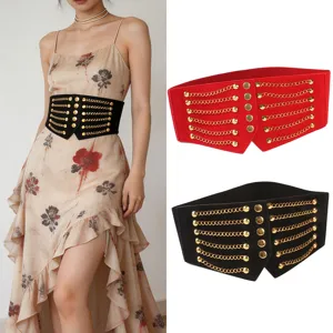 Damen Breiter Punk Elastischer Gürtel Kunstleder Wespentaille Mit Metallketten Und Nieten Retro Mode Kleid Korsett Gürtel Accessoire
