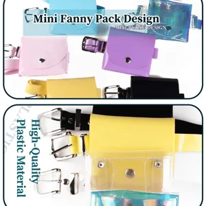 Colorful mini plastic waist bags with holographic and jelly textures on white background