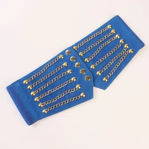 Modischer Punk-Stil blauer breiter Taillengürtel mit Goldkette und Nietendetails für Damen