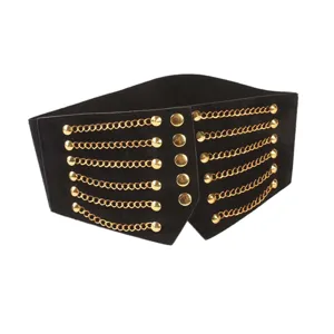 Modischer breiter elastischer Taillengürtel für Damen im Punk-Stil mit Goldketten und Nieten