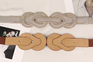 Detailed view of punk style elastic wide waist belts with gold rivets and smooth faux leather.