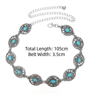 Vintage Bohemian turquoise metal waist chain belt, total length 105cm and width 3.5cm