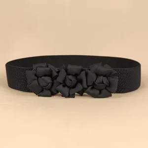 Women's Decorative Elastic Waist Belt With Three 3D Flowers Simple Stretch Cinch Belt For Dresses Skirts Fashion Accessories
