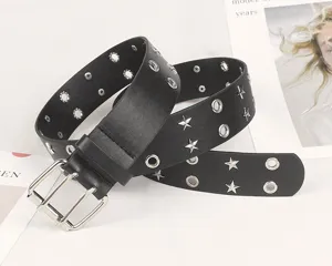 Detailed view of a Y2K retro black faux leather belt with silver star studs and eyelets