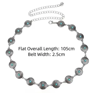 Elegant bohemian silver metal chain belt with turquoise stones total length 105cm
