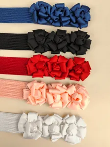 Assorted colors elastic waist belts with three ribbon flower decorations for dresses