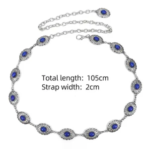 Silver chain belt detail with blue turquoise stones and 105cm total length display