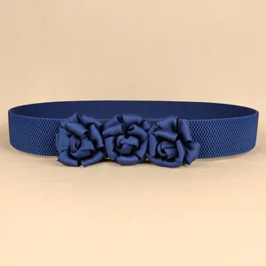 Elegant navy blue elastic waist belt for women featuring three decorative fabric roses