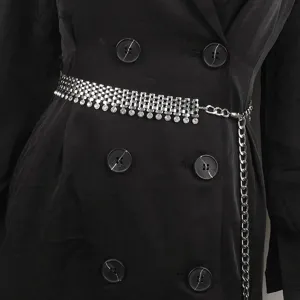 Women Luxury Rhinestone Metal Waist Chain Belt Fashion Mesh Woven Adjustable Link Chain Belt For Dress Suit Jewelry
