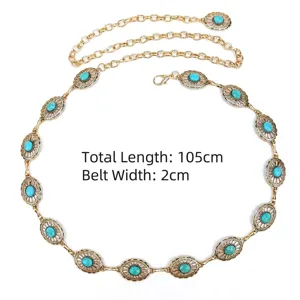 Detailed view of bohemian turquoise chain belt with dimensions 105cm by 2cm.